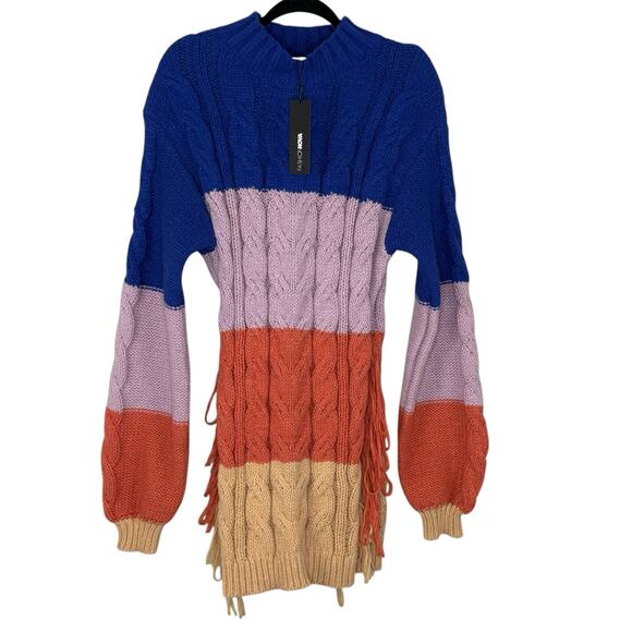 NWT Fashion Nova Sweater Dress Raya Cable Knit Color Block Fringe Rainbow Sz L - Picture 3 of 10